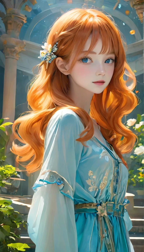 of the highest quality、Masterpiece:1.2、超detailed、realist:1.37、ultra high resolution、RAW Photos、realist、A girl、perfect anatomy、正Shii人体描写、Physically based representation、Bioluminescent crystals、淡く光る美Shii女性:1.5、detailed_face_Look like、Orange hair、Semi-long hair、messy hair, 、女God、God々Shii、random pose、Conceptual artist、bright and vibrant colors、dream lighting、pale colors、(((背景はGod殿、White luxury mansion、Baroque Architecture、God殿が背景:1.2、豪華絢爛のGod殿:1.3、女God降臨)))、blurred background、unreal background、