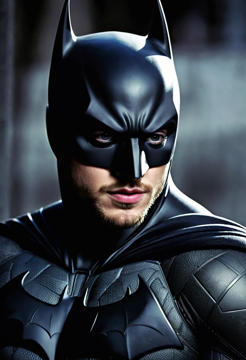 (((Extremely close-up Aaron Taylor-Johnson under the mantle of the Dark Knight Batman Front Images Color Images Splash)))