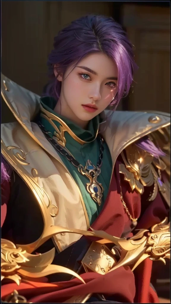 a close up of a boy with beautiful detailed purple hair, beautiful detailed eyes, beautiful detailed lips, extremely detailed face, longeyelashes, holding a sword, leblanc, style of kieran yanner, tane skin, (best quality,4k,8k,highres,masterpiece:1.2),ultra-detailed,(realistic,photorealistic,photo-realistic:1.37),studio lighting,extreme detail description,vivid colors,fantasy,concept art