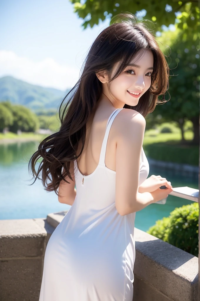 Image resolution 8K、masterpiece:1.3)、Beauty、1 female、(魅力的なBody Type:1.2)、abdomen:1.1、Dark brown hairstyle:1.1、(Body Type:1.2)、Ultra-detailed face、Attractive lips、double eyelid、Wearing a white one-piece dress、Super realistic and super cute in every detail、Japanese、Japanese女性、20th generation(28 years old)、Smile with a beautiful smile、Hair blowing in the wind、color々Hair style、Backlit from behind、