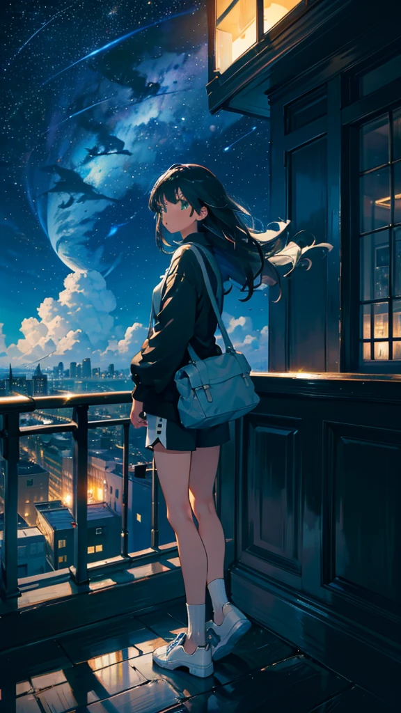 masterpiece, Exquisite detail,Highest quality, One girl, alone, handrail, cloud, Looking up at the buildings,Long Hair, zero, Long sleeve, Power lines, White footwear, Black Hair, View your viewers, Electric pole, bangs, cloudy zero, fish, bird, Green Eyes, Shorts, Day, Black Shirt, barefoot,Whale flying in the sky,Giant whale,night,Star,milky way,night,Pitch black,Buildings,立っている,bright,noon,sun,Shine,顔アップ,zoom up