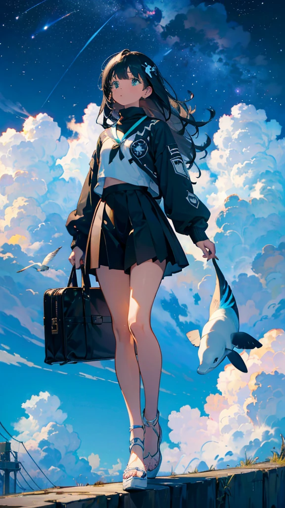 masterpiece, Exquisite detail,Highest quality, One girl, alone, handrail, cloud, Looking up at the buildings,Long Hair, zero, Long sleeve, Power lines, White footwear, Black Hair, View your viewers, Electric pole, bangs, cloudy zero, fish, bird, Green Eyes, Shorts, Day, Black Shirt, barefoot,Whale flying in the sky,Giant whale,night,Star,milky way,night,Pitch black,Buildings,立っている,bright,noon,sun,Shine,顔アップ,zoom up