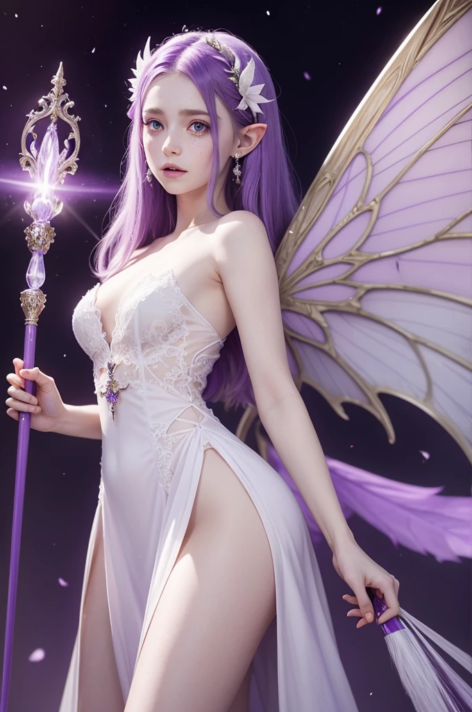 a fairy, wings, pale skin with a slightly purple background, white freckles, pointy ears, cabelo longo e branco, purple and separated eyes, medieval purple dress, holding a scepter