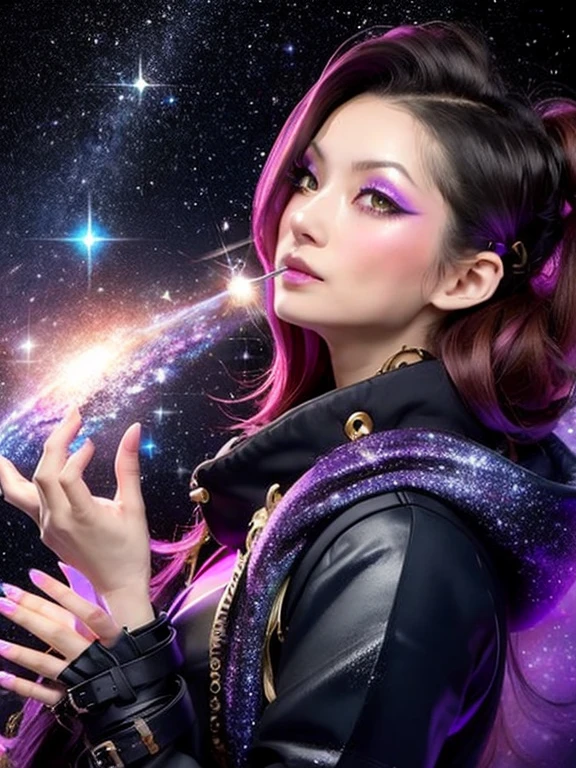 1 Girl, solo, (astrologer), 
mysterious, Fantasy, grace, Calm, Silence, intellectual, ancient, Beyond time and space, dream, aura,
Dark eyeshadow, Star shaped glitter, Sparkling Highlights, Rich Lip Color, Smokey Eye, mysteriousなアイライナー, 
universe space, shooting star, planet,
astrologerが魔法の杖を使って星を指し示している,
Sparkling meteor shower, Magic Light, Reflecting Galaxy