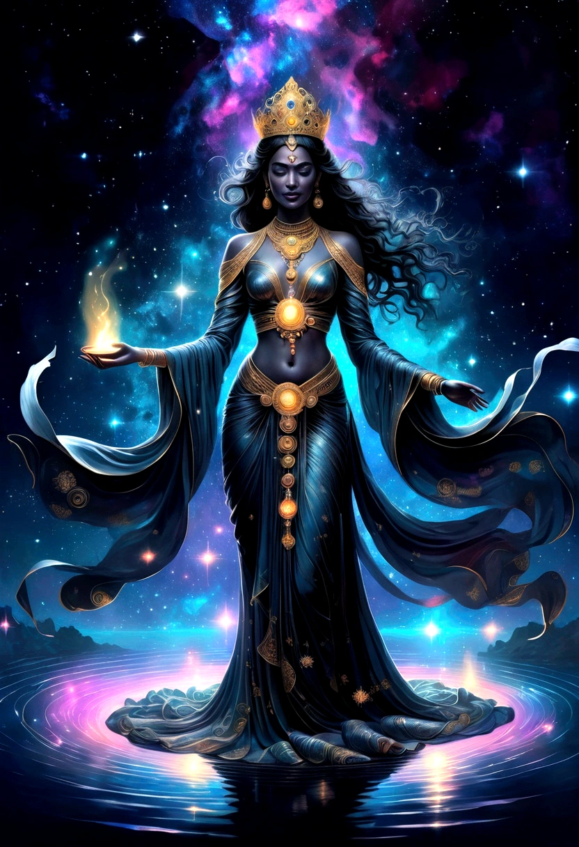 Astrologer,In the middle of the lake, Mysterious female black silhouette in the middle of the night, Surrounded by glowing constellations, Summoners dance to appease the spirits of the dead. Ceremonial canvas clothing. Sensual. Multiple magic arrays. Dynamic dance. Black Lotus. Colorful palette.