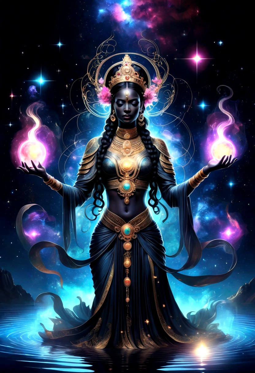 Astrologer,In the middle of the lake, Mysterious female black silhouette in the middle of the night, Surrounded by glowing constellations, Summoners dance to appease the spirits of the dead. Ceremonial canvas clothing. Sensual. Multiple magic arrays. Dynamic dance. Black Lotus. Colorful palette.