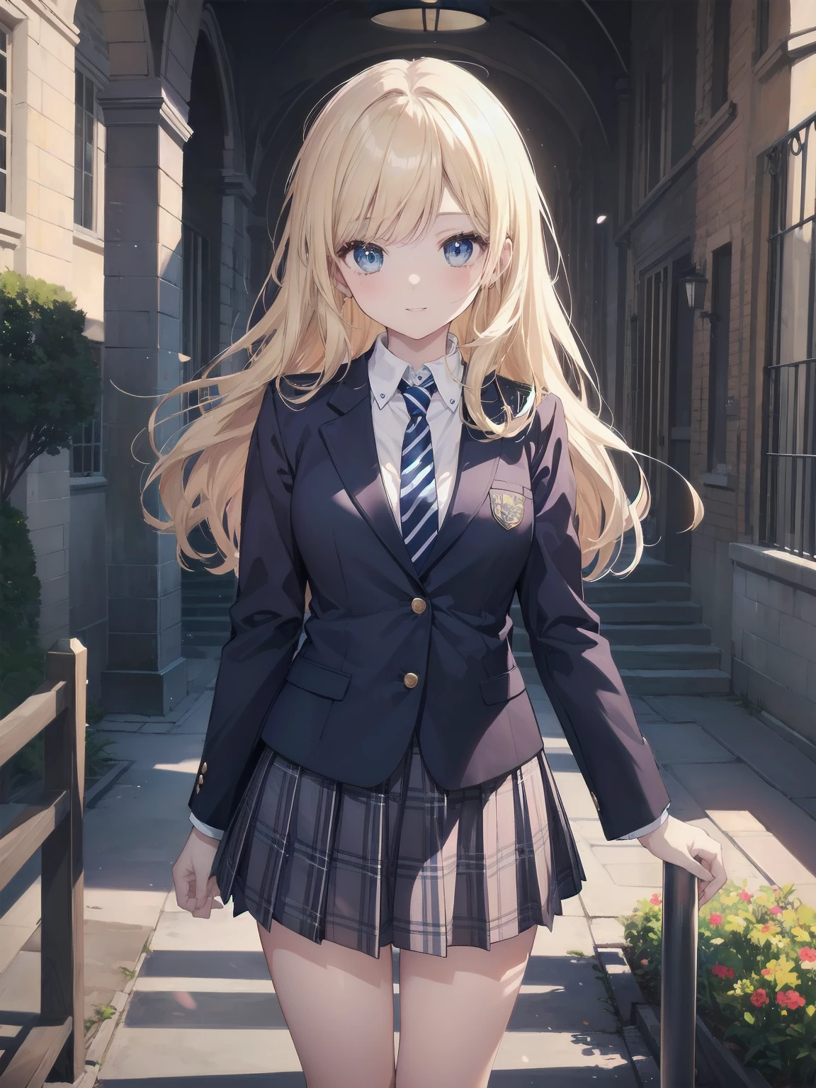 (masterpiece: 1.2)、(Highest quality: 1.2)、Highest resolution、Very detailed。 break。 ((Anime girl in preppy uniform))、Transparent Girl、(1、Confident、17 years old: 1.3)、Charismatic smile、Calm posture、Wavy hair down to the shoulders、Bright Eyes、Slim figure、(Highest quality: 1.2)、Very high resolution、Very detailed。Expressive eyes、Beautifully detailed lips、High resolution detailed hair、Perfect Face、Clear Skin、Manicured hands、Perfect lighting。 break。 ((Preppy uniform with school crest))、((Navy blazer、White shirt、Striped tie、Checkered Skirt: 1.3))、Knee-high socks、Oxford Shoes。 break。 (School courtyard)、Grand entrance、Clock tower、Students in the background、(Framing a Cowboy Shot: 1.2)。 break。 ((positive: 1.3))。 break。Digital Animation Art、Preppy anime style illustration
