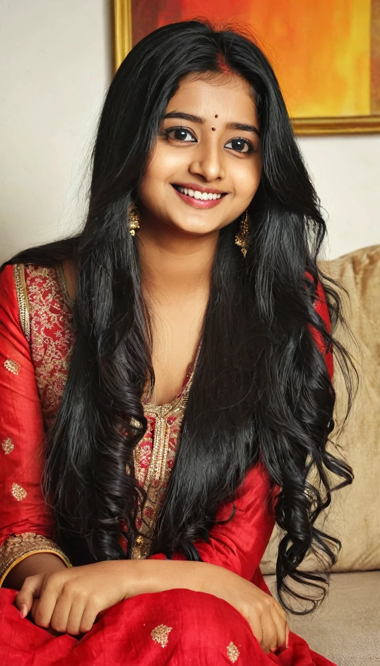 Beautiful cute young attractive indian teenage girl, anuska sen, 22 years old, cute, Instagram model, long black_hair, colorful hair, warm, dacing, shy smile, black red salwar kameez, in home sit at sofa, Indian.