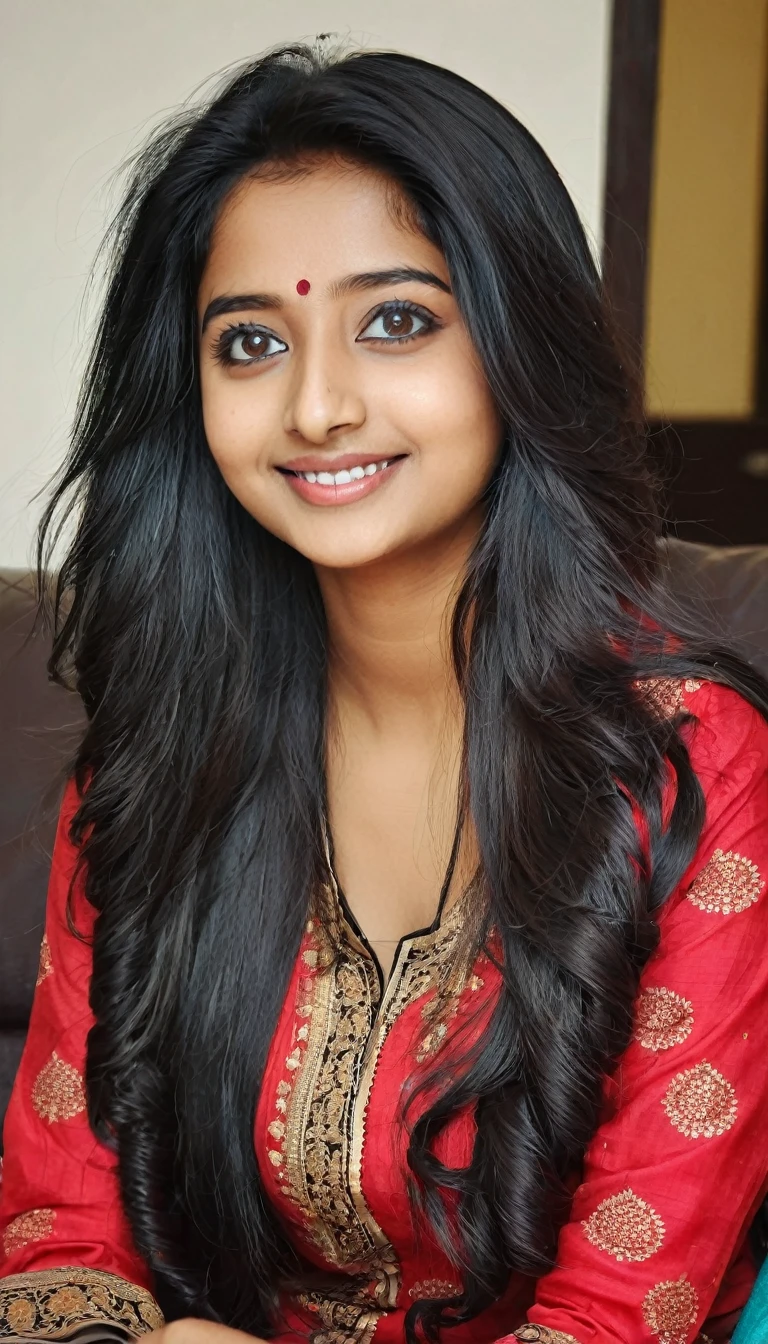 Beautiful cute young attractive indian teenage girl, anuska sen, 22 years old, cute, Instagram model, long black_hair, colorful hair, warm, dacing, shy smile, black red salwar kameez, in home sit at sofa, Indian.