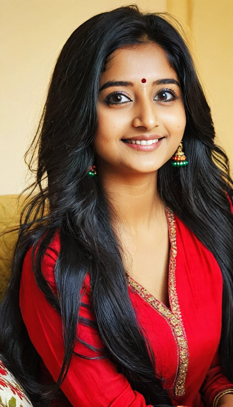 Beautiful cute young attractive indian teenage girl, anuska sen, 22 years old, cute, Instagram model, long black_hair, colorful hair, warm, dacing, shy smile, black red salwar kameez, in home sit at sofa, Indian.