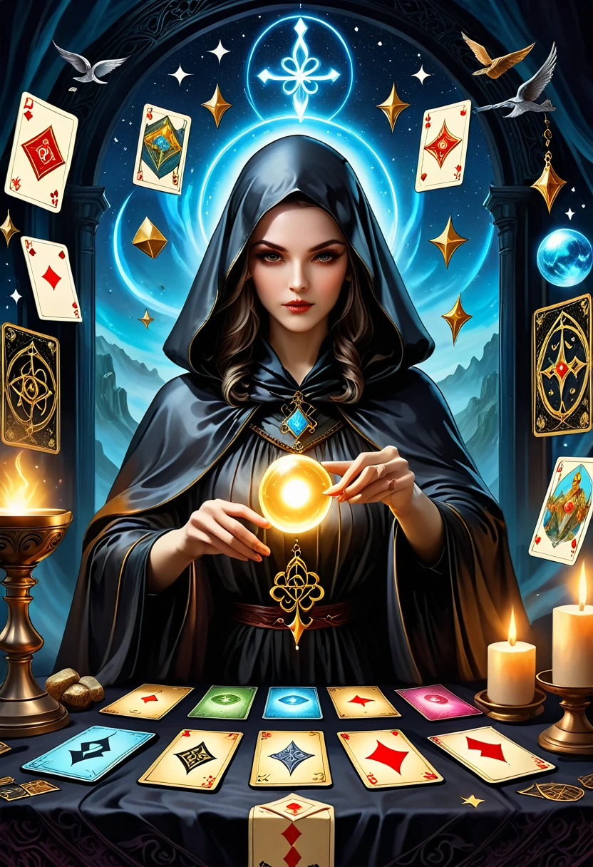 Fortune Teller,Metal photo frame,card,tarot cards:1.37.Mysterious fortune teller in cloak,Finger taps an array of tarot cards in the air,Mystical symbols and elements,Ancient mysterious atmosphere,Realistic illustration details,A composition full of vitality and energy,Dark Style,Gothic style