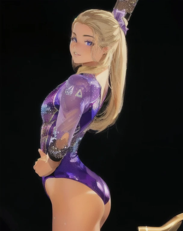 (masterpiece, 4k, high quality, colorful, super detailed eyes and face:1.2), CARTOON, ANIME, CARTOON ARTSTYLE, 1girl, solo, Olivia Dunne 20-year-old woman, dirty blonde hair, long hair, tan-olive skin, posing for a picture, tight attire, sexy pose, fitness model, very sexy pose, wearing a tight glossy purple leotard, tight outfit, strong pose, side pose, fit girl, posing in a tight glossy purple leotard, purple sparkles, in spandex leotard, tight attire