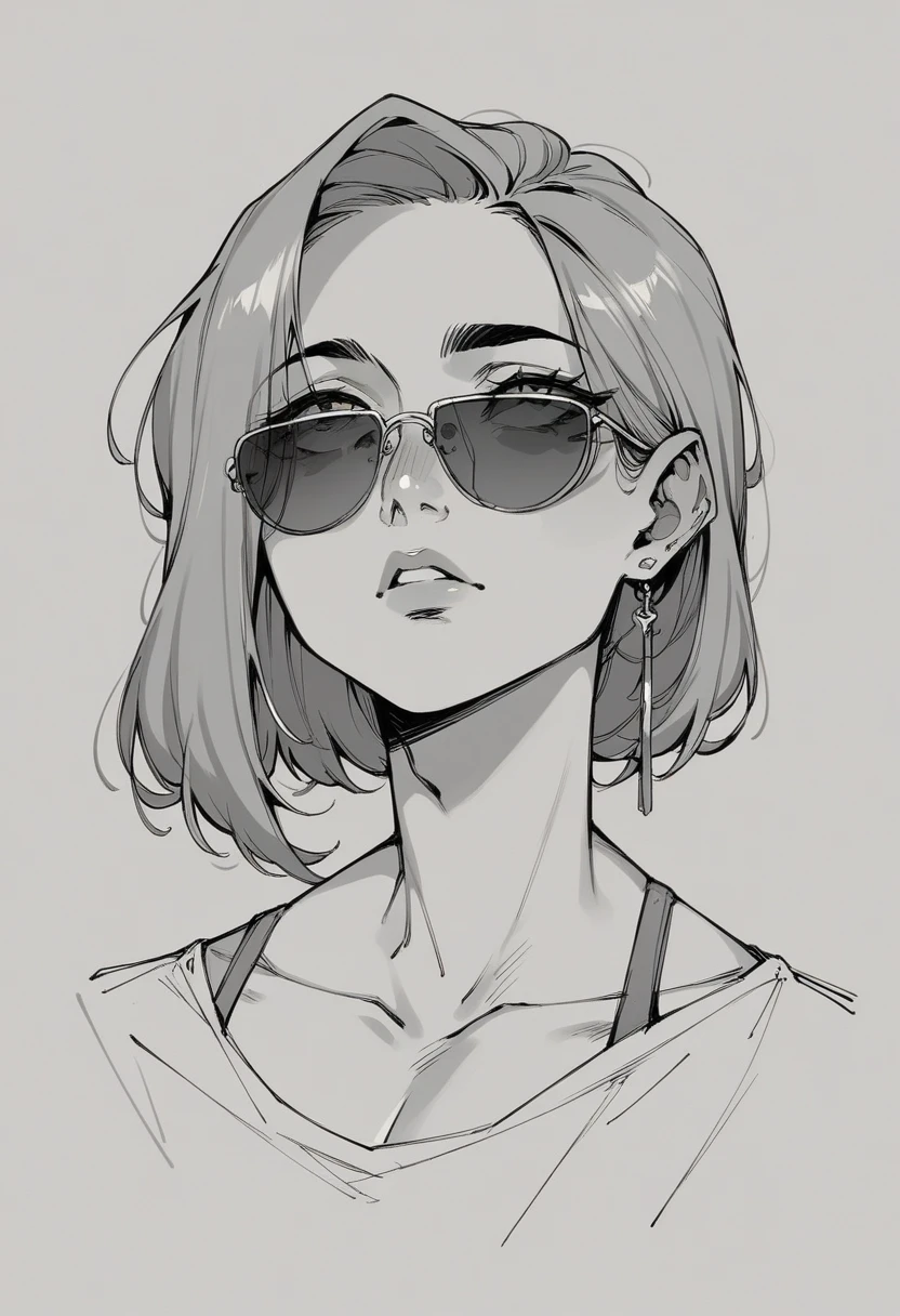 woman Melancholy profile Left facing Looking up from oversized sunglasses Monochrome Line art sketch
