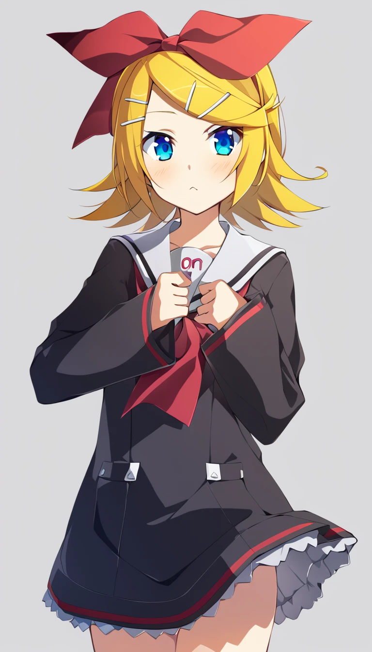 one girl, Kagamine Rin, Vocaloid, blue eyes, simple background, sailor collar, black sleeve, hair clip, hair bow, fourteen years old, cowboy shot