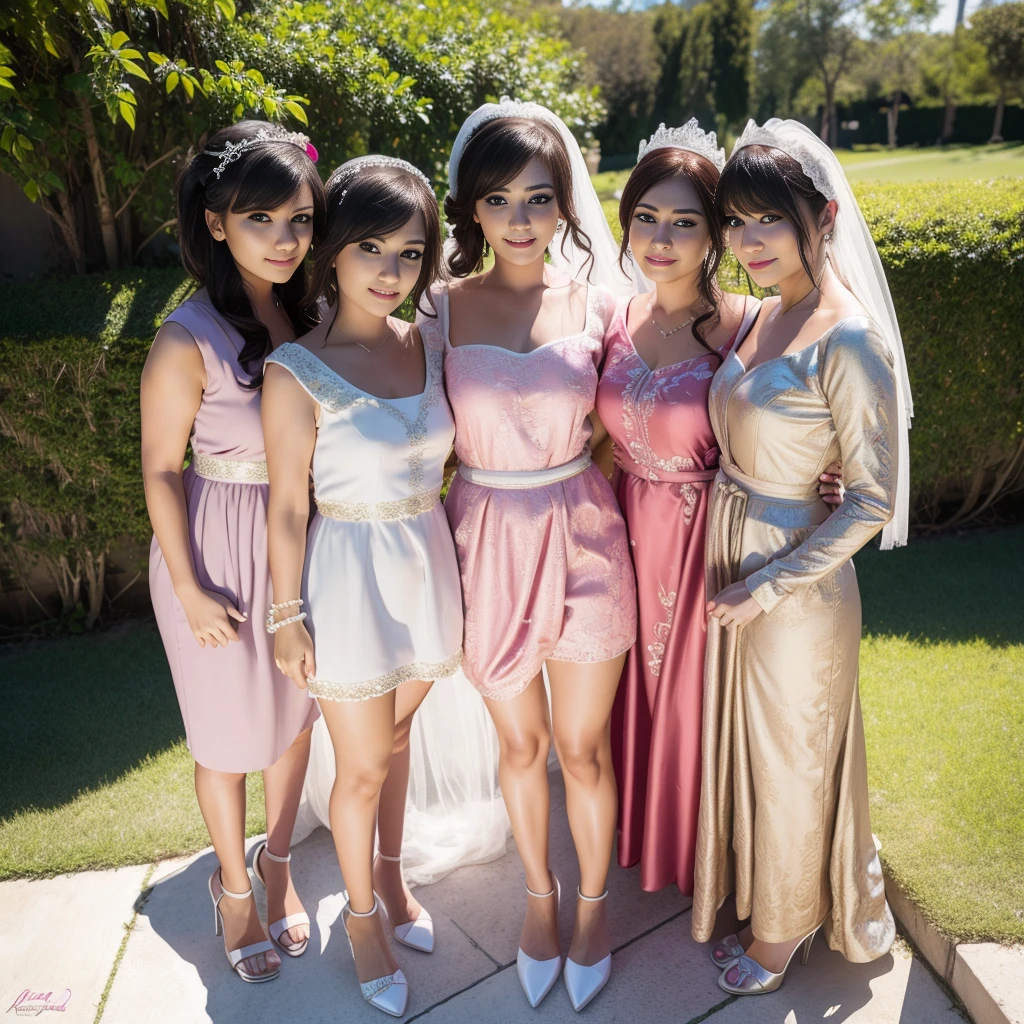 4 women Line up in a seductive pink mini dress and tight white bikini g-strings, Take a photo together, standing stylish, beautiful detailed eyes,beautiful detailed lips,extremely detailed eyes and face,longeyelashes,smiling,high heels,bangs,outdoor garden,bride and groom,wedding venue,best quality,4k,8k,highres,masterpiece:1.2,ultra-detailed,realistic,photorealistic,photo-realistic:1.37,HDR,UHD,studio lighting,ultra-fine painting,sharp focus,physically-based rendering,extreme detail description,professional,vivid colors,bokeh,portraits