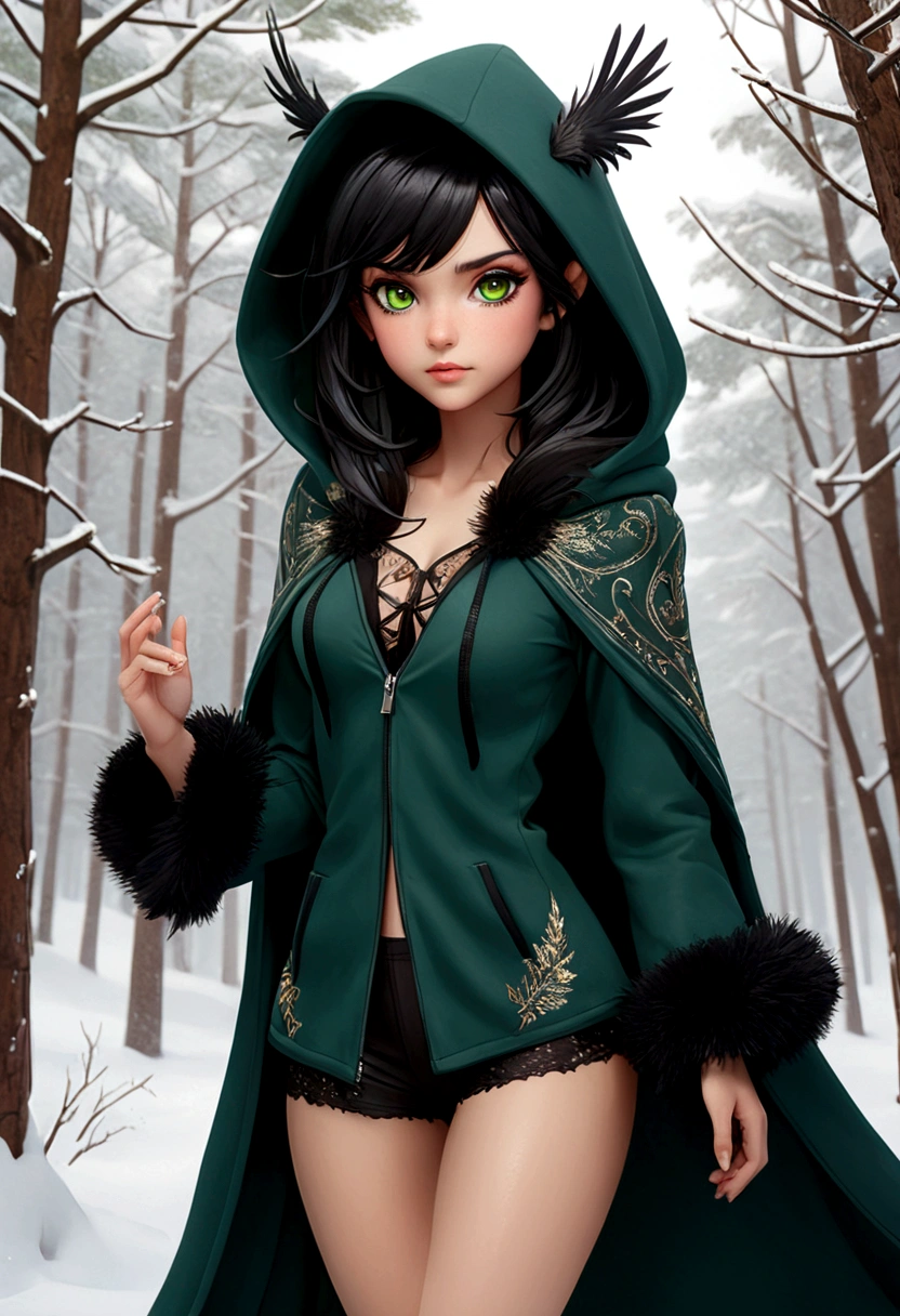cute daughter of severus snape,(((little ,tiny little body,little))),(((6 years old))),((anime elf with extremely cute and beautiful black hair)), (((witch))), (((witch ears))), (((flat chest))),((((black hair:1.35,short dark hair,(wild short hair:1.5),((hair over eyes:1.3)),colored inner hair,ear breathing)))),(((green_eyes:1.3))),intricate eyes,beautiful detailed eyes,symmetrical eyes,big eyes:1.5,(((lustrous skin:1.5,bright skin: 1.5,skin tanned,shiny skin,very shiny skin,shiny body,plastic glitter skin,exaggerated shiny skin,illuminated skin))),(delicate detailed fingers,detailed body,(detailed face)), cute,slutty,erotic,daring,((nsfw)), revealing clothing,show skin,(((Hooded feathers coat, darl green feathers coat set, wear a feathers coat: 1.3,red winter coat))),((bare legs)), (half-naked, scantily clad),(((intricate outfit,intricate clothes,embroidered outfit,ornate outfit,embroidered clothes,ornate clothes))), (dynamic pose:1.0),embarrassed,(centered,scale to fit dimensions,Rule of thirds), ((eagles flying in the background:1.5)),((snowy pine forest)),winter,scenery:1.25,((intricate scenery)),((snow forest background)),Christmas tree, (Glossy winter ornaments),highres,sharp focus,(ultra detailed,extremely detailed),(photorealistic artwork:1.37),(extremely detailed CG unity 8k wallpaper),(((vibrant colors,vibrant theme))),(intricate),(masterpiece),(best quality),
