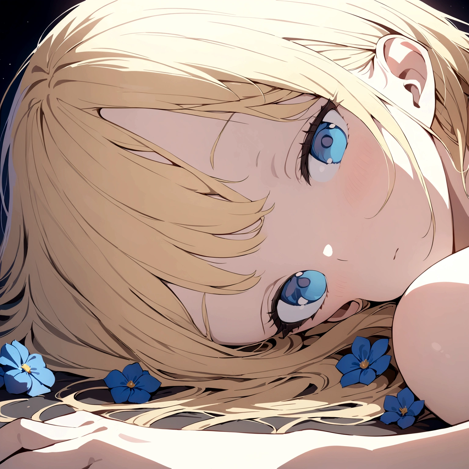 ((masterpiece:1.2, best quality)), (close-up:1.2), (head-shot:1.36), (perfect proportion), ultra detailed, Ultra-precise depiction, Ultra-detailed depiction, dramatic lighting, 1girl, solo, yellow hair, blue eyes, laying on blue flowers