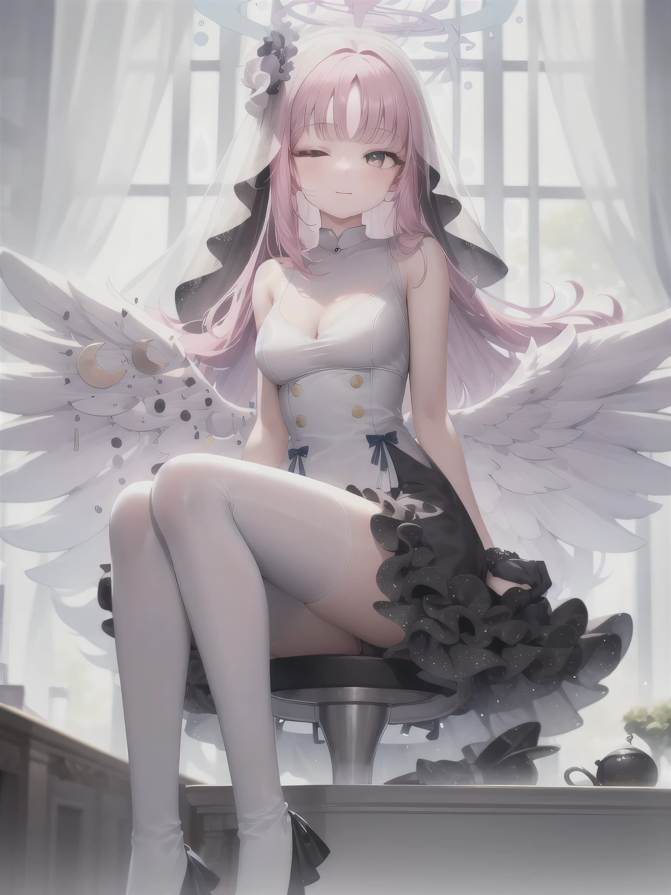 A girl，Long hair, bangs, Pink hair, Hair between the eyes, s eyes:（1.5),  (Medium breasts:1.2), 
rest clavicle, Wedding dress，Veil，wedding，Black dress，Flowers，The skirt is broken，Black socks，Black knee socks，Black gloves，boots，Cleavage，
Looking at the audience, whole body,
indoors, church，permanent，permanent，Smile，With eyes closed，With eyes closed，
rest (masterpiece:1.2), best quality, high resolution,  8k wallpaper, (illustration:0.8), (Beautiful and delicate eyes:1.6), Extremely detailed face, Perfect lighting, Extremely detailed CG, (Perfect hands, Perfect anatomical structure),