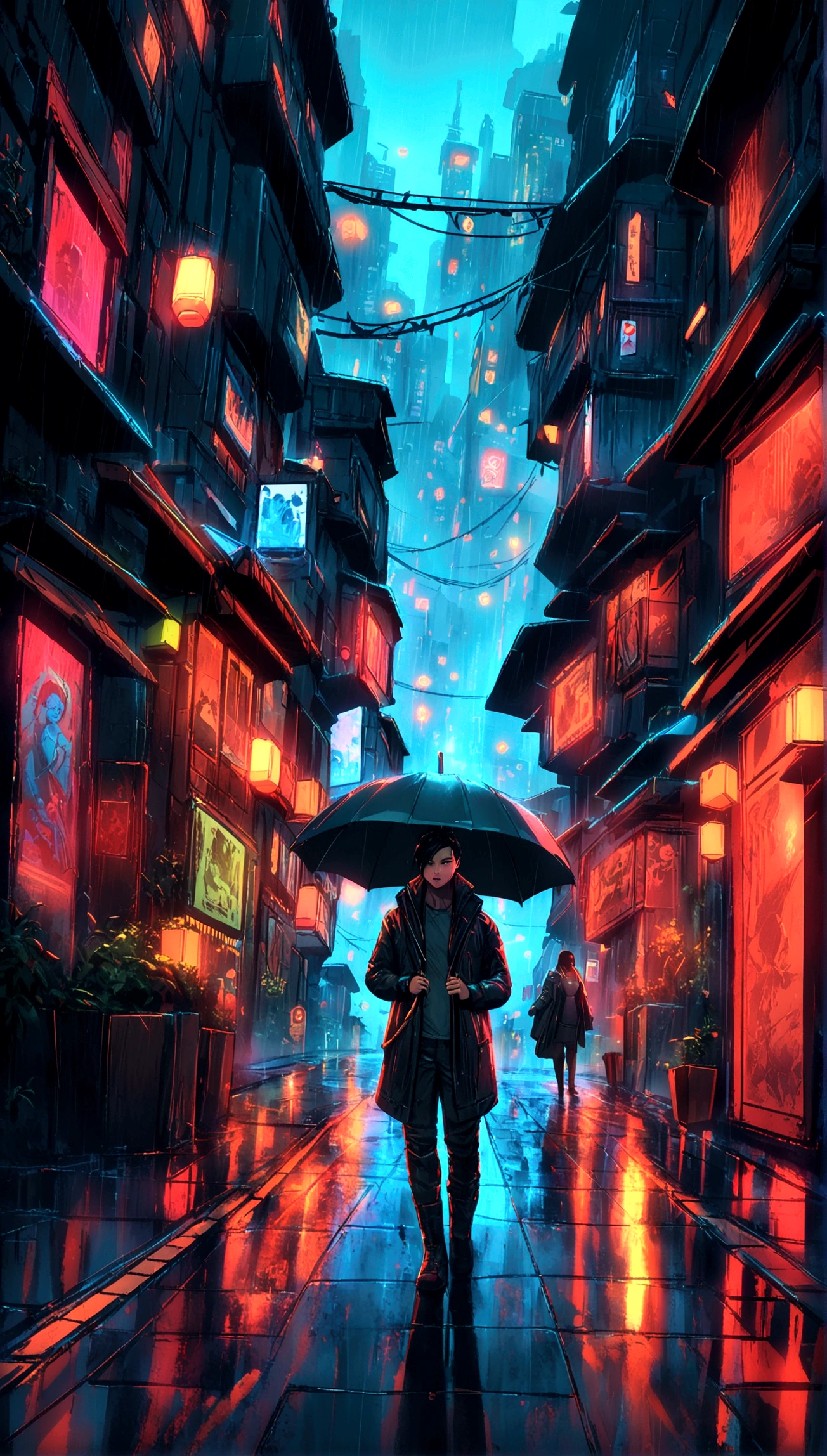 a person walking down a street with a umbrella in the rain, inspired by Liam Wong, china town blade runner, by Kilian Eng, ( ( ( ( ( dan mumford ) ) ) ) ), cyberpunk street, cyberpunk streets in japan, cyberpunk anime art, cyberpunk art style, cyberpunk alley, by Liam Wong, kowloon cyberpunk, cyberpunk themed art, cyberpunk aesthetics, behind shot:1.4