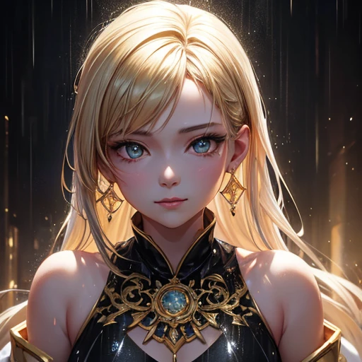 in the rain、Gold tattoo on a girl with gold earrings, In the style of vray tracing, Then Martin, Famous, Poured, close, Dark white and gold, Speed Painting, masterpiece, Highest quality,