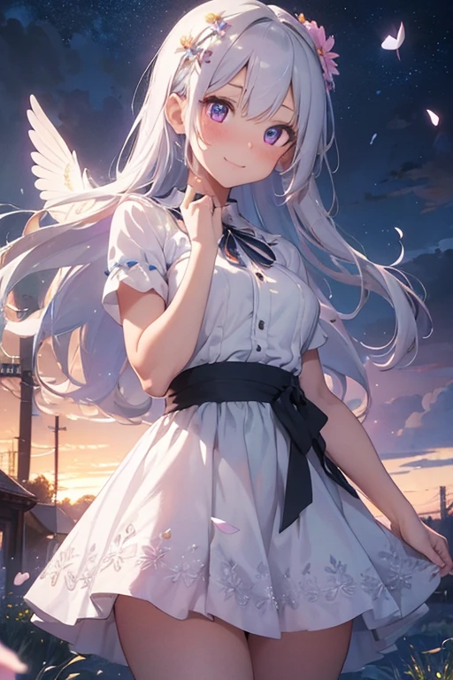 masterpiece, best quality, 1girl, (colorful),(finely detailed beautiful eyes and detailed face),cinematic lighting,bust shot,extremely detailed CG unity 8k wallpaper,white hair,solo,smile,intricate skirt,((flying petal)),(Flowery meadow) sky, cloudy_sky, building, moonlight, moon, night, (dark theme:1.3), light, fantasy,