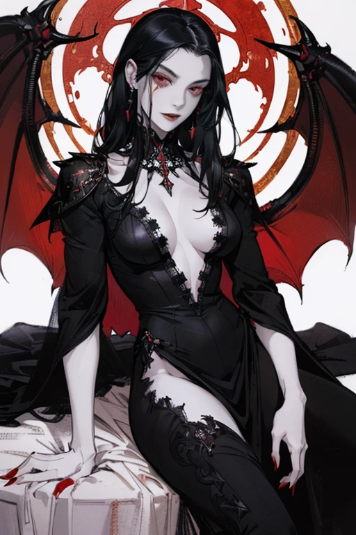 ((ultra realistic illustration:1.2)),(dark fantasy:1.4), (seductive). In a ornate bed chamber. Beautiful vampiress. long black hair, red eyes, ((very pale:1.4)), beautifully fit figure, natural perky breasts. Blood red lipstick, long sheer gown, .Masterpiece, (highly detailed:1.2),(detailed face and eyes:1.2), 8k wallpaper, natural lighting. core shadows, high contrast, bokeh.