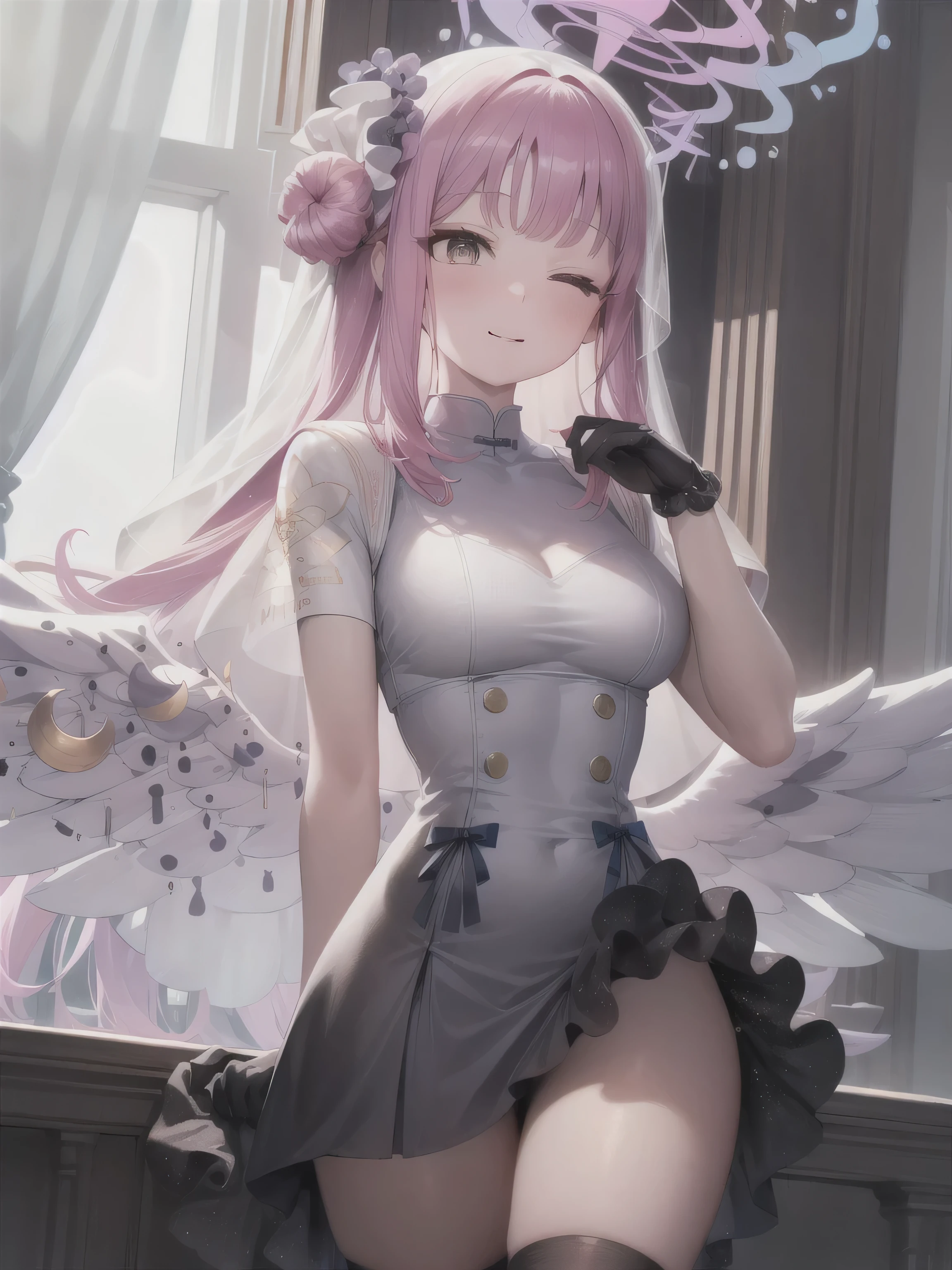 A girl，Long hair, bangs, Pink hair, Hair between the eyes, s eyes:（1.5),  (Medium breasts:1.2), 
rest clavicle, Wedding dress，Veil，wedding，Black dress，Flowers，The skirt is broken，Black socks，Black knee socks，Black gloves，boots，Cleavage，
Looking at the audience, whole body,
indoors, church，permanent，permanent，Smile，With eyes closed，With eyes closed，
rest (masterpiece:1.2), best quality, high resolution,  8k wallpaper, (illustration:0.8), (Beautiful and delicate eyes:1.6), Extremely detailed face, Perfect lighting, Extremely detailed CG, (Perfect hands, Perfect anatomical structure),