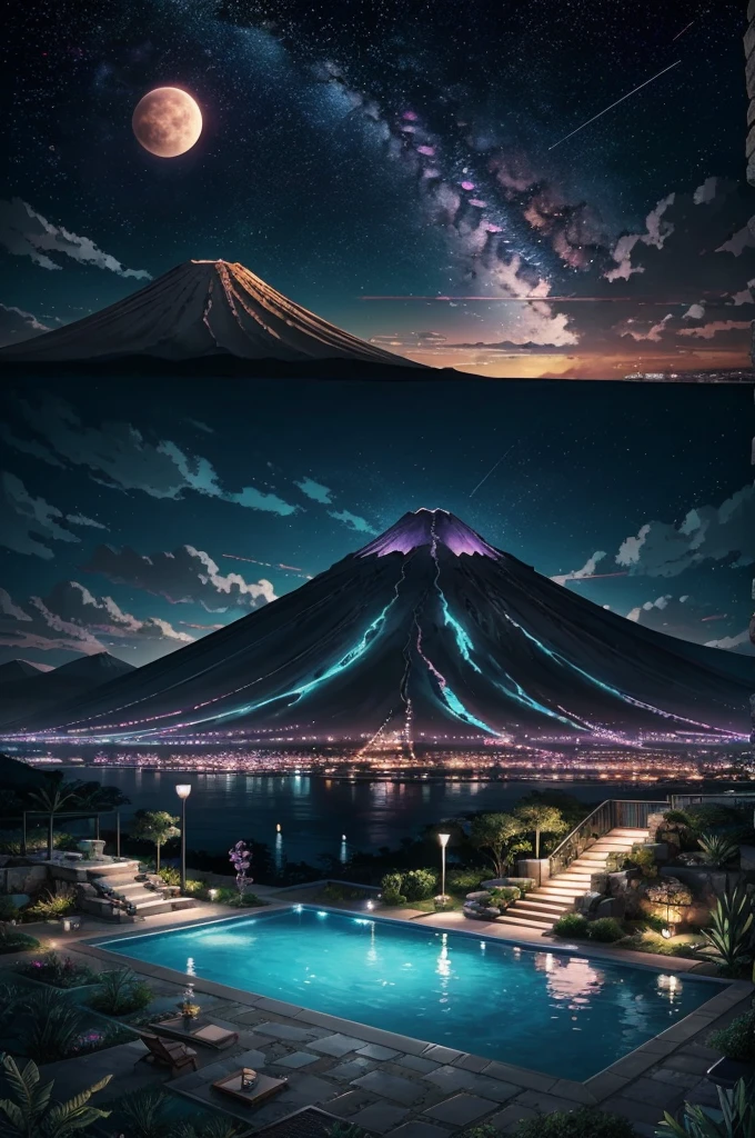 anime (best-quality:0.8), (best-quality:0.8), perfect anime illustration, we've been trying to reach you about your cars extended warranty, An illustration in collage style, with giant boulders, brutalist building sections, terraces, stairs, cacti, agave, concrete texture, multiple geometric shapes, hatch and cross hatching, planet saturn, volcano, moon, Luis Barragán's architectural style build, milky way galaxy, violet, one motorcycle, An illustration in collage style, with giant boulders, brutalist building sections, stairs, cacti, agave, concrete texture, multiple geometric shapes, hatch and cross hatching, planet saturn, volcano, moon, Luis Barragán's architectural style build, reflective pool, terraces. An elegant and modern build, in top of big boulders, with terraces, materials concrete, wood, steel and crystal, various gardens with tropical vegetation, cacti and rocks, stairs, a pool. In middle of sea, a big wave near, sunset, mountains and a volcano in the horizont, cute islands around, illustration format, cute color palette, detailed, masterpiece, award-winning work A 1999 Nissan GTR in Tron form r34 horizonte Lamborghini under a pink and purple sky, an anime drawing by Makoto Shinkai, trending on pixiv, magical realism, beautiful anime scene, cosmic skies. by makoto shinkai, ( ( makoto shinkai ) ), by makoto shinkai, anime background art, style of makoto shinkai