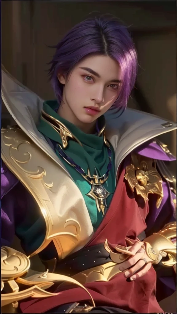 a close up of a boy with detailed purple hair, detailed eyes, extremely detailed face, holding a sword, leblanc, style of kieran yanner, tane skin, (best quality,4k,8k,highres,masterpiece:1.2),ultra-detailed,(realistic,photorealistic,photo-realistic:1.37),studio lighting,extreme detail description,vivid colors,fantasy,concept art