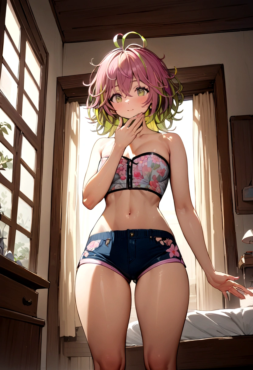 Hagakure Toru, Brown hair, floral strapless, mini floral boyshorts, standing, bedroom, front, beautiful legs. perfect feet, perfect hands, detailed, Perfect picture, Best Quality, Masterpiece, Super High Resolution, perfect body