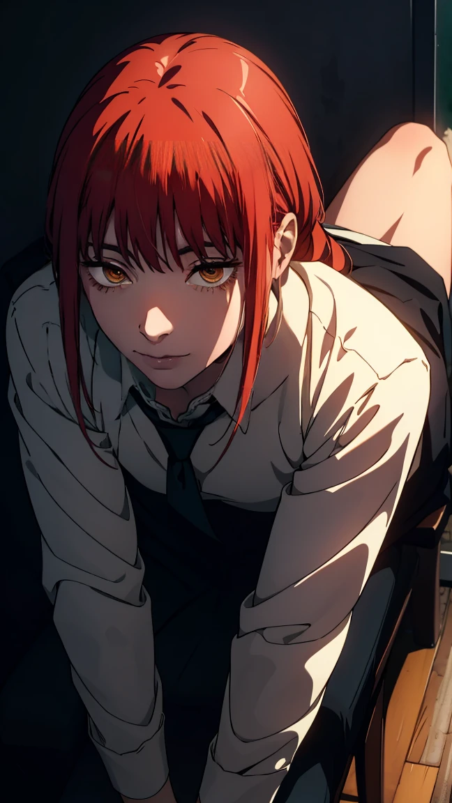 The character Makima from the anime series Chainsaw Man, fragile, full length (Full body 1.1.), dark background, darkness, Correct anatomy 1.1, holds his hands behind his back, correct hand anatomyVery sexy, erotica, very feminine, beautiful figure, legs, buttocks, Beautiful body, red hair, orange eyes, Red circles for schoolchildren, summer dress, sexy pose, realistic, very detailed, Beautiful body, detailed body, detailed hands, detailed, Vibrating, detailed Face, Makima character design. very detailed, detailed body, detailed hands, detailed Face, anime art, Hugh Details, Very downcast face, detailed eyes, Super thin illustration, best shadow, Fine detail, beautiful detailed glow, beautiful detailed, Extraordinarily beautiful, extremely detailed, inexpressive, epic composition, Anime style. anime art anime art, Anime style,