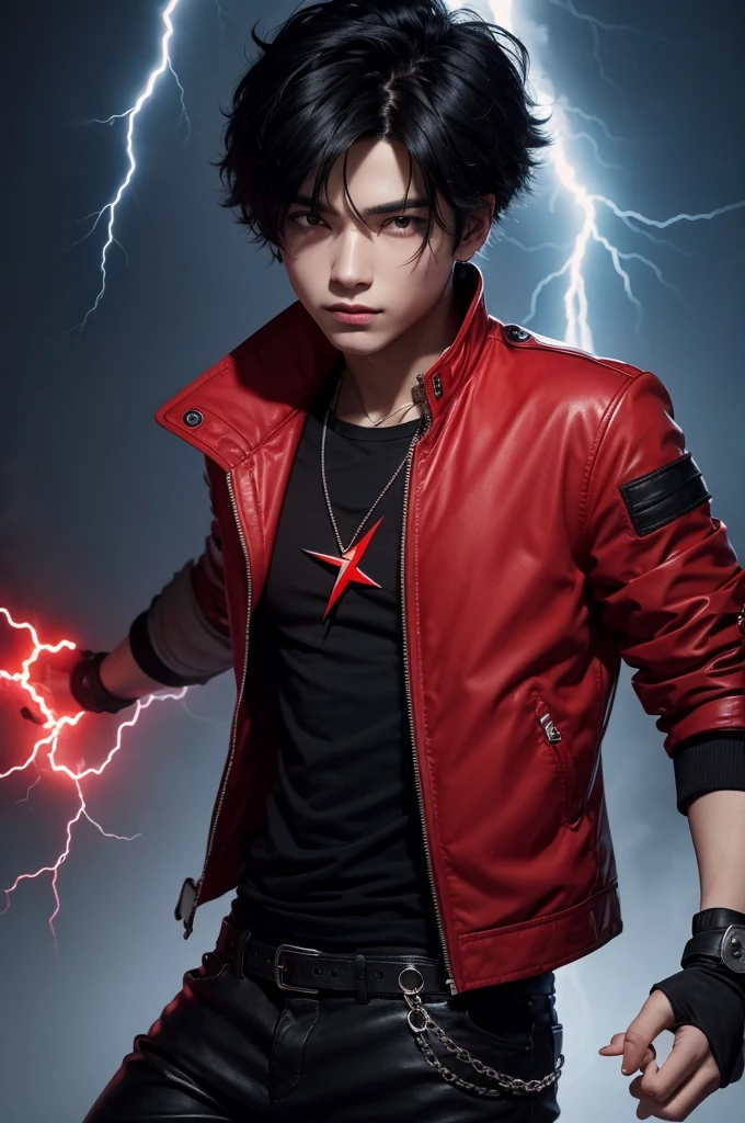 Black haired boy with a red jacket,black bands on arms,fingerless glove and a lightning necklace,