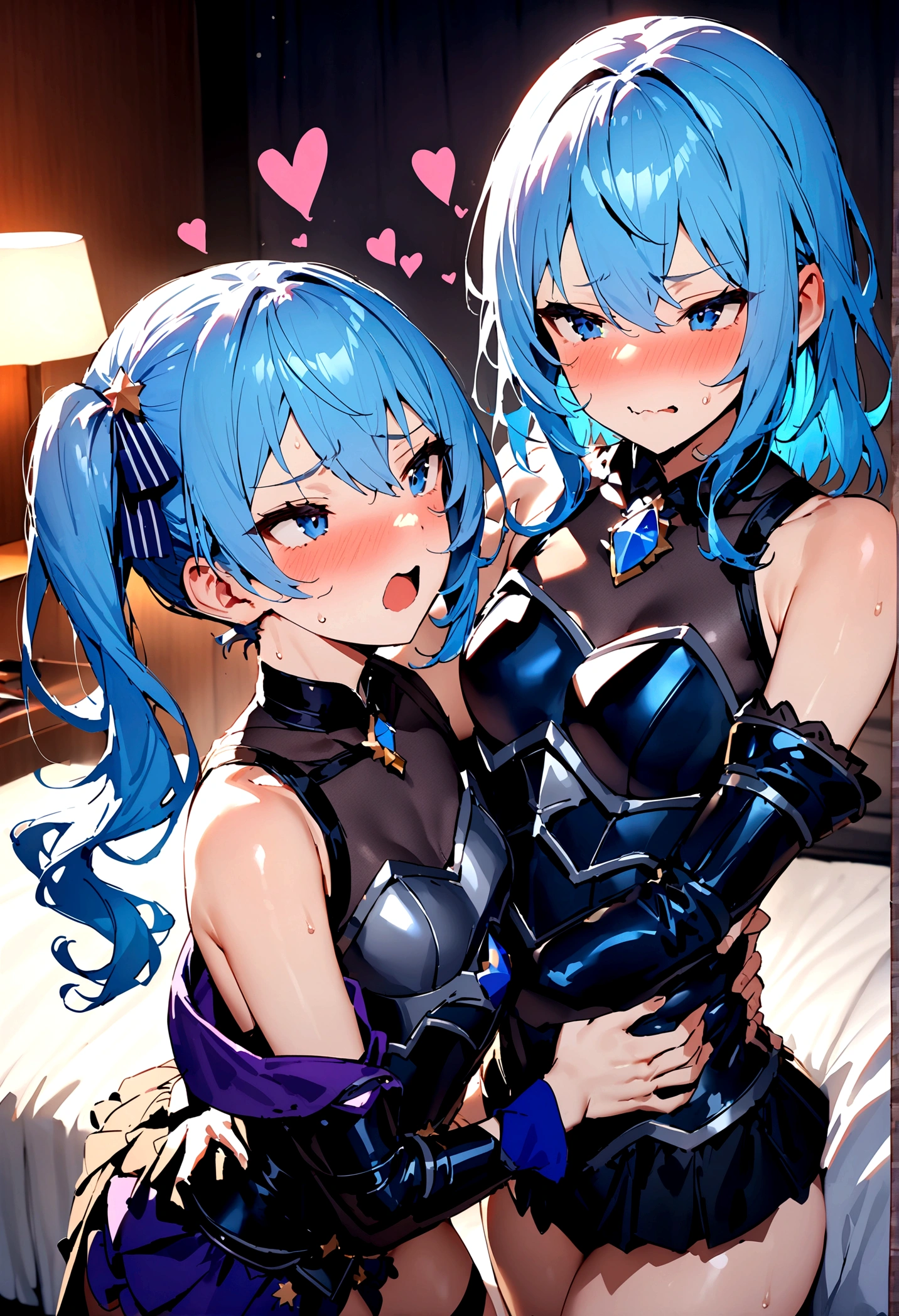 NSFW,masterpiece,Highest quality,High resolution,Super detailed,Star Town Suisei\(Hololive\),Blue Hair,One Side Ponytail,Blue Eyes,Small breasts,(Adventurer),(Fantasy),armor,breastplate,leotard,Off the shoulder,Removable sleeves,Micro Mini Skirt,Love Hotel at Night,Superior Bedroom,(Expecting face),Frustrated face,(Fawning),(Strong-faced men),A man puts his hands on her waist and hugs her,(caress),Having sex,Insert,Creampie,(Squirting),(lover),heart,(Physical contact),Flirting