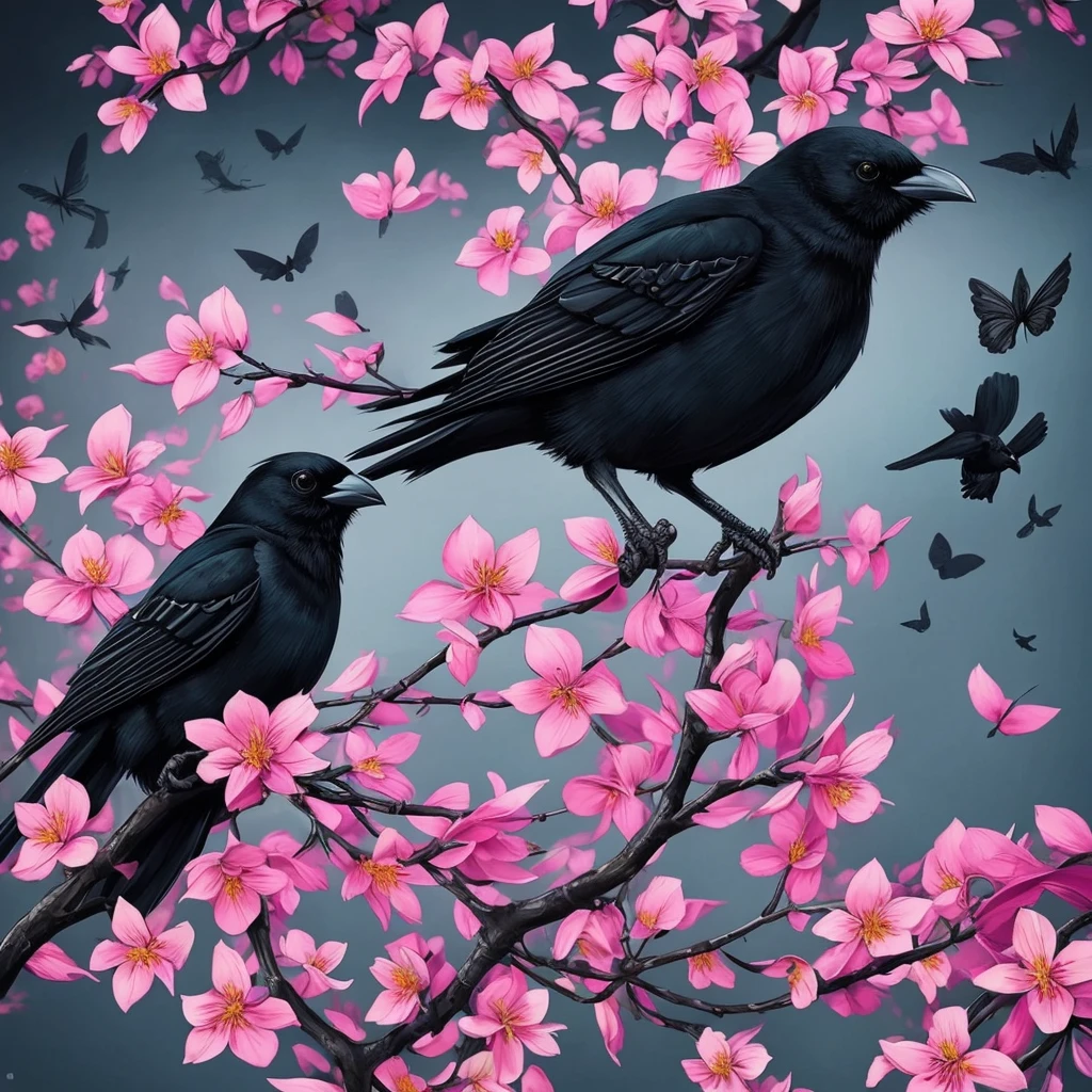 a black bird sitting on a branch with flowers and butterflies, cyberpunk art by Ryan Yee, trending on cgsociety, fantasy art, birds f cgsociety, 🌺 cgsociety, art contest winner on behance, crows beautiful, detailed crow illustration, jen bartel, beautiful illustration, trending on cgsociety art, cgsociety saturated colors, [ trending on cgsociety ]!!