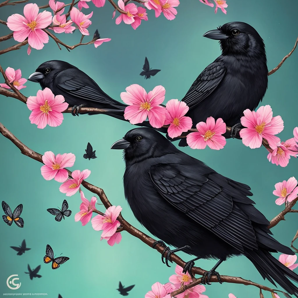 a black bird sitting on a branch with flowers and butterflies, cyberpunk art by Ryan Yee, trending on cgsociety, fantasy art, birds f cgsociety, 🌺 cgsociety, art contest winner on behance, crows beautiful, detailed crow illustration, jen bartel, beautiful illustration, trending on cgsociety art, cgsociety saturated colors, [ trending on cgsociety ]!!