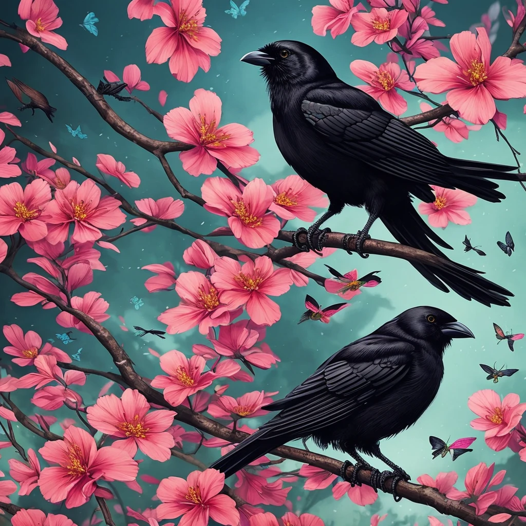 a black bird sitting on a branch with flowers and butterflies, cyberpunk art by Ryan Yee, trending on cgsociety, fantasy art, birds f cgsociety, 🌺 cgsociety, art contest winner on behance, crows beautiful, detailed crow illustration, jen bartel, beautiful illustration, trending on cgsociety art, cgsociety saturated colors, [ trending on cgsociety ]!!