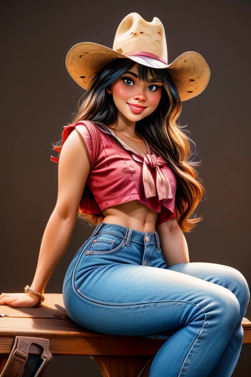 25yo girl handsome, courageous girl smiles sweetly seductively,
dressed in a North American cowboy costume, a cowboy hat, a neckerchief around his neck, jeans, cowboy boots,
(posing sitting straight in the saddle on a strong, powerful, black horse:1,5),
look at the viewer,
(against the backdrop of the foothills of the beautiful high rocky mountains of north america, 
general plan wide shot:1,5),
cartoon illustration, vivid colours, Ultra detailed, high resolution, UHD, 8k, ((best quality, masterpiece:1.2), ultra-detailed, realistic, HDR, top view, cowboy shot, dramatic strong lighting,