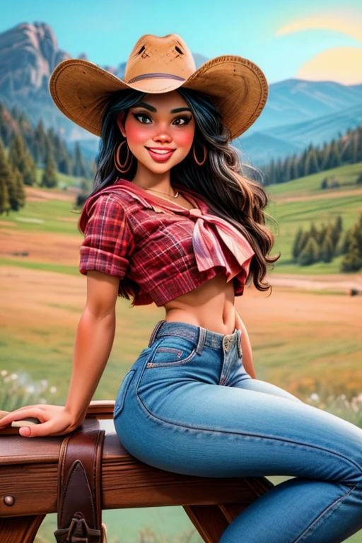 25yo girl handsome, courageous girl smiles sweetly seductively,
dressed in a North American cowboy costume, a cowboy hat, a neckerchief around his neck, jeans, cowboy boots,
(posing sitting straight in the saddle on a strong, powerful, black horse:1,5),
look at the viewer,
(against the backdrop of the foothills of the beautiful high rocky mountains of north america, 
general plan wide shot:1,5),
cartoon illustration, vivid colours, Ultra detailed, high resolution, UHD, 8k, ((best quality, masterpiece:1.2), ultra-detailed, realistic, HDR, top view, cowboy shot, dramatic strong lighting,