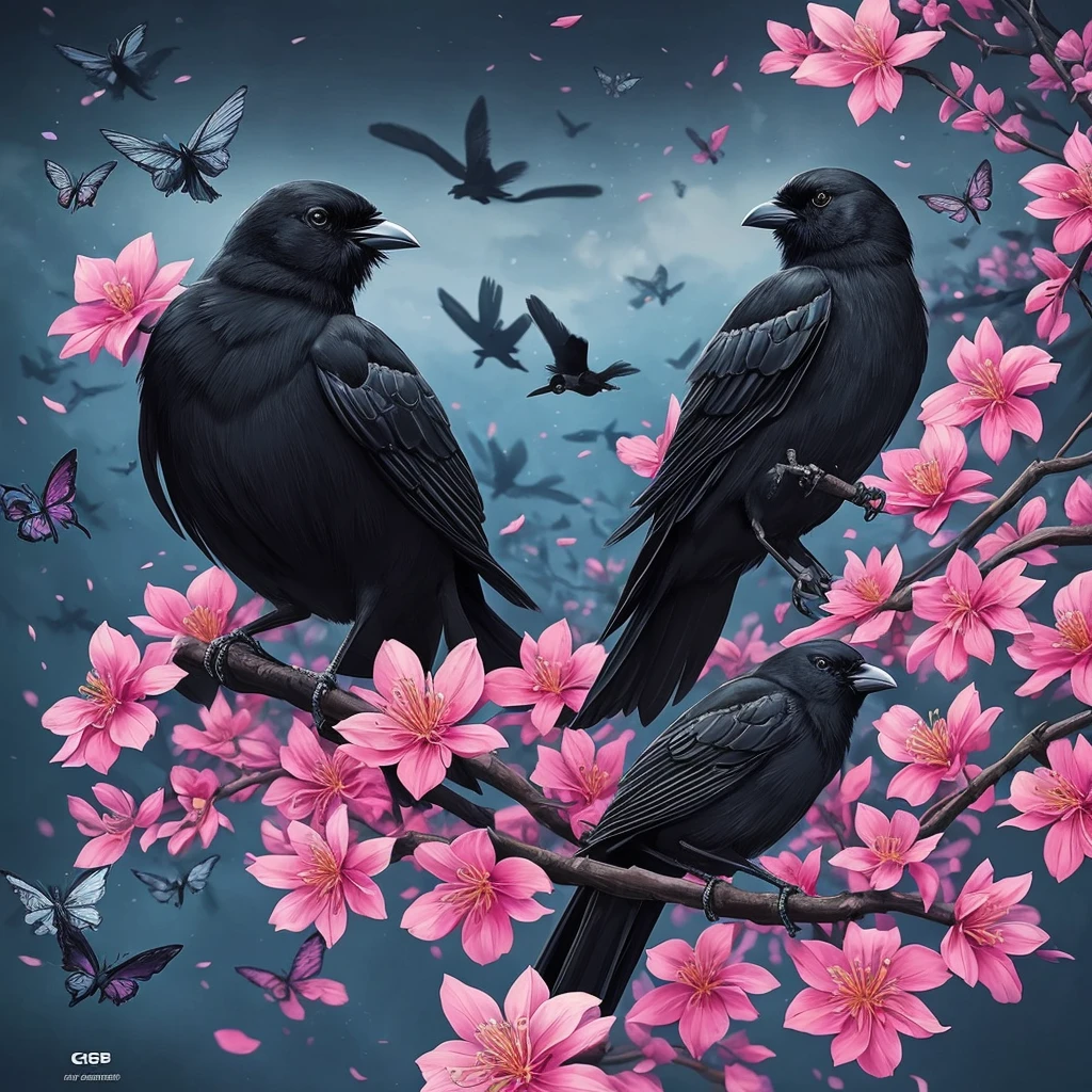 a black bird sitting on a branch with flowers and butterflies, cyberpunk art by Ryan Yee, trending on cgsociety, fantasy art, birds f cgsociety, 🌺 cgsociety, art contest winner on behance, crows beautiful, detailed crow illustration, jen bartel, beautiful illustration, trending on cgsociety art, cgsociety saturated colors, [ trending on cgsociety ]!!