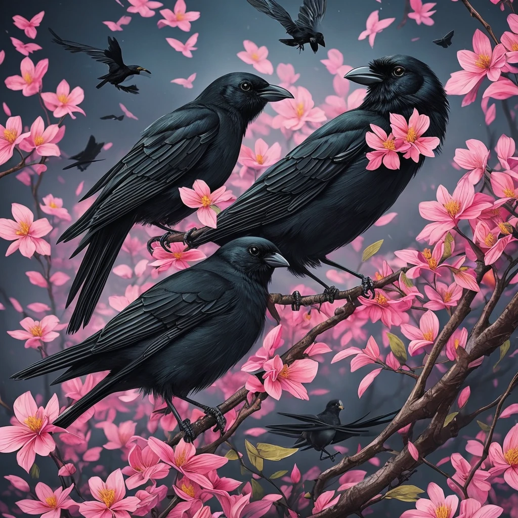 a black bird sitting on a branch with flowers and butterflies, cyberpunk art by Ryan Yee, trending on cgsociety, fantasy art, birds f cgsociety, 🌺 cgsociety, art contest winner on behance, crows beautiful, detailed crow illustration, jen bartel, beautiful illustration, trending on cgsociety art, cgsociety saturated colors, [ trending on cgsociety ]!!