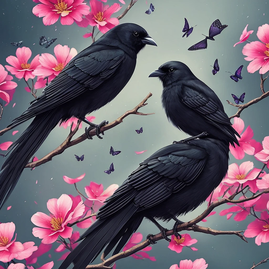 a black bird sitting on a branch with flowers and butterflies, cyberpunk art by Ryan Yee, trending on cgsociety, fantasy art, birds f cgsociety, 🌺 cgsociety, art contest winner on behance, crows beautiful, detailed crow illustration, jen bartel, beautiful illustration, trending on cgsociety art, cgsociety saturated colors, [ trending on cgsociety ]!!