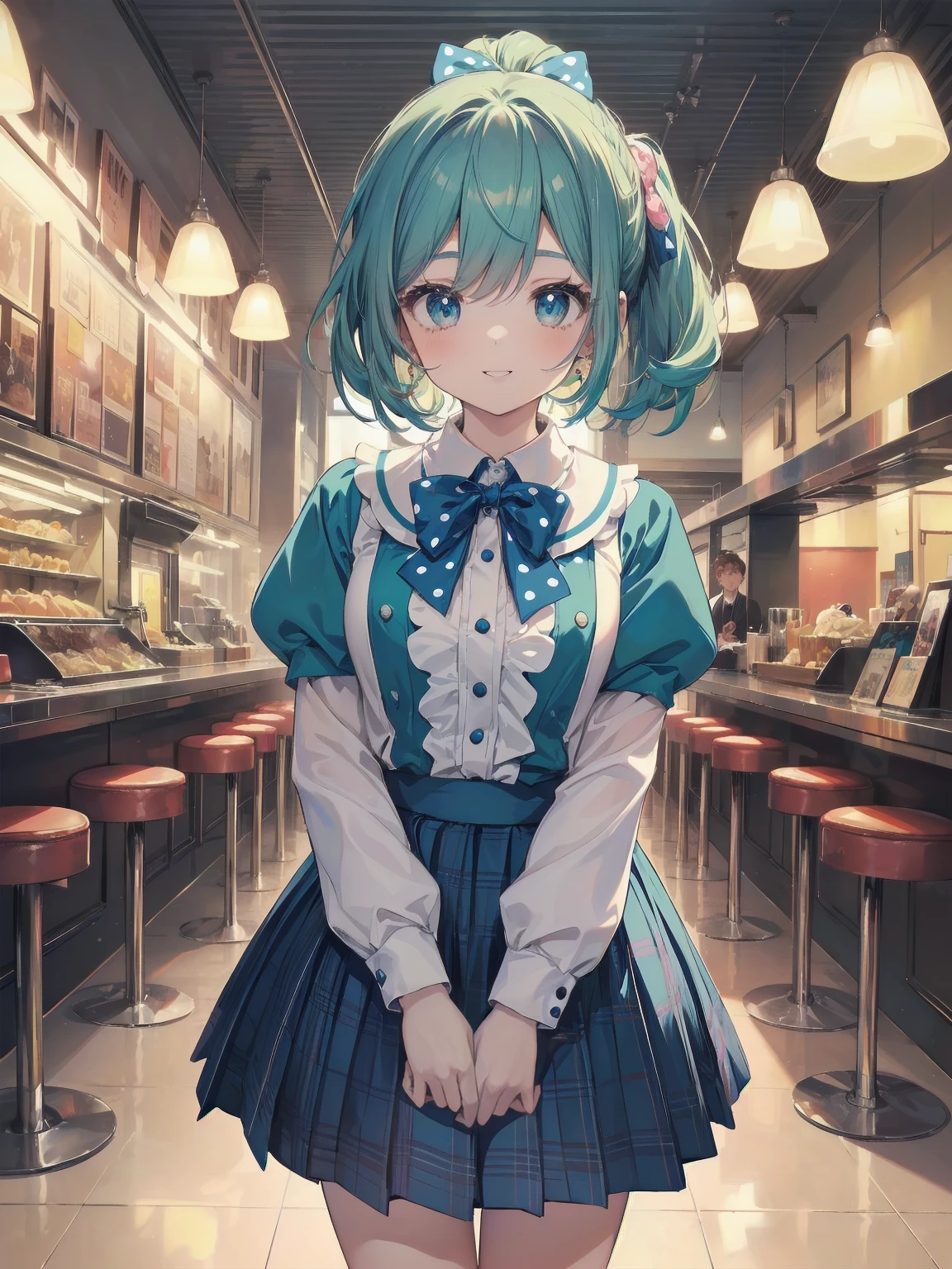 (masterpiece: 1.2)、(Highest quality: 1.2)、Highest resolution、Very detailed。BREAK. ((Anime girl in cute retro style uniform))、Transparent Girl、(1、Hilarious、 years old: 1.3)、Bright smile、Energetic pose、High ponytail、Shining Eyes、Small build、(Highest quality: 1.2)、Very high resolution、Very detailed。Expressive eyes、Beautifully detailed lips、High resolution detailed hair、Perfect Face、Rosy Cheeks、Moving Hands、Perfect lighting。BREAK. ((Polka dot retro style uniform))、((white blouse with peter pan collar、Blue polka dot skirt: 1.3))、Cat shaped button、Ankle socks、Saddle Shoes。BREAK. (1950s-style diner)、jukebox、Plaid floor、Milkshake、(Composition of cowboy shots: 1.2)。BREAK. ((positive: 1.3))。BREAK。Digital Animation Art、Retro anime style illustration