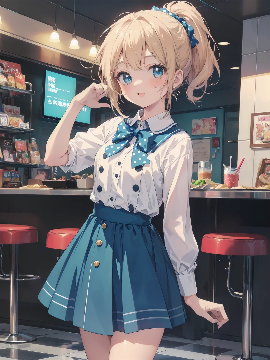 (masterpiece: 1.2)、(Highest quality: 1.2)、Highest resolution、Very detailed。BREAK. ((Anime girl in cute retro style uniform))、Transparent Girl、(1、Hilarious、 years old: 1.3)、Bright smile、Energetic pose、High ponytail、Shining Eyes、Small build、(Highest quality: 1.2)、Very high resolution、Very detailed。Expressive eyes、Beautifully detailed lips、High resolution detailed hair、Perfect Face、Rosy Cheeks、Moving Hands、Perfect lighting。BREAK. ((Polka dot retro style uniform))、((white blouse with peter pan collar、Blue polka dot skirt: 1.3))、Cat shaped button、Ankle socks、Saddle Shoes。BREAK. (1950s-style diner)、jukebox、Plaid floor、Milkshake、(Composition of cowboy shots: 1.2)。BREAK. ((positive: 1.3))。BREAK。Digital Animation Art、Retro anime style illustration