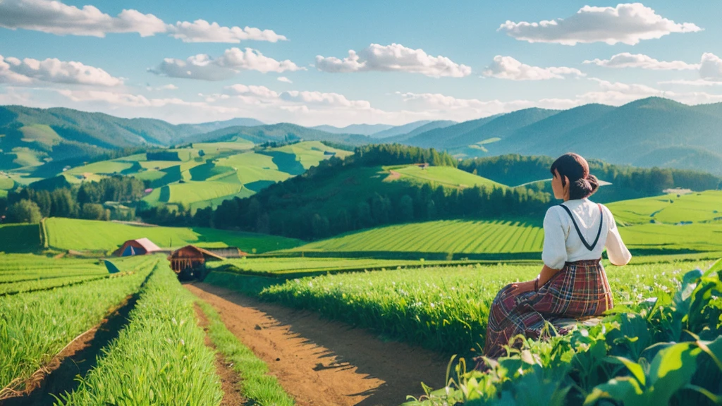 mountain illustration papercut, a woman in traditional dress sitting on the edge of a bridge daydreaming with her hands propped up, background of farmers working on the farm