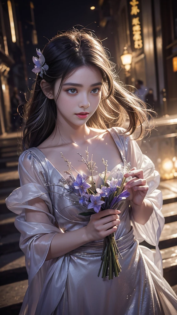 Full figure, seven -clinging shooting, 18 years old, wearing firefly clothes, exquisite faces, details, hands, ultimate details, amazing magnificence, Pedaipan style, fiber hair, glowing silver iris, glowing silver flower,