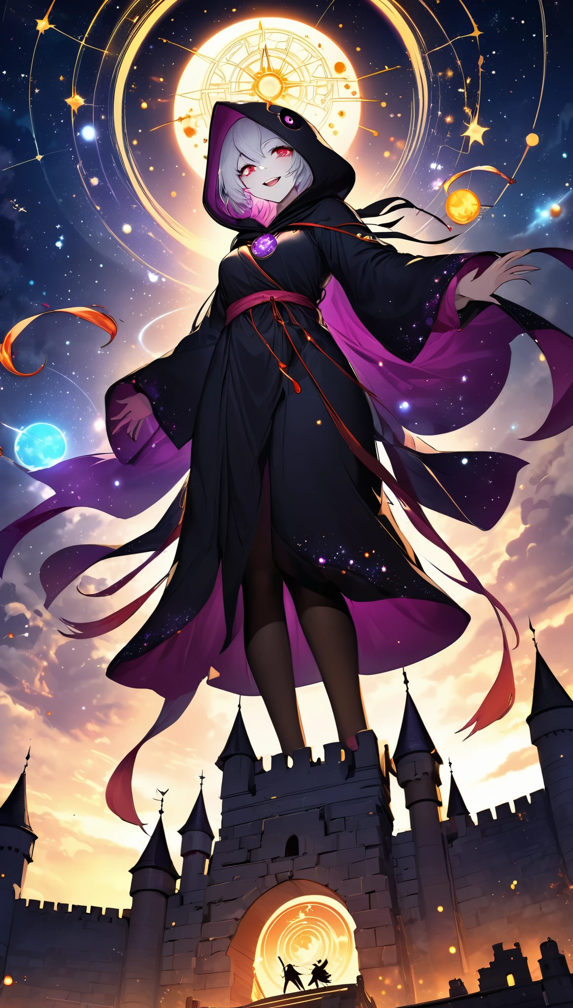 from below, best quality, super fine, 16k, 2.5D, delicate and dynamic depiction, beautiful evil astrologer, evil smile, wearing hooded robe, standing on top of the castle walls and unleash an attack that utilizes astrology, mysteriously glowing horoscope, moon, sun, stars, constellations, mysteriously sinister effects