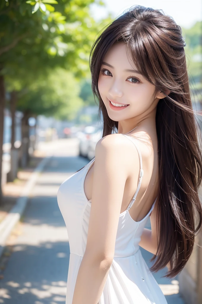 Image resolution 8K、masterpiece:1.3)、Beauty、1 female、(魅力的なBody Type:1.2)、abdomen:1.1、Dark brown hairstyle:1.1、(Body Type:1.2)、Ultra-detailed face、Attractive lips、double eyelid、Wearing a white one-piece dress、Super realistic and super cute in every detail、Japanese、Japanese女性、20th generation(28 years old)、Smile with a beautiful smile、Hair blowing in the wind、color々Hair style、Light shining from behind、