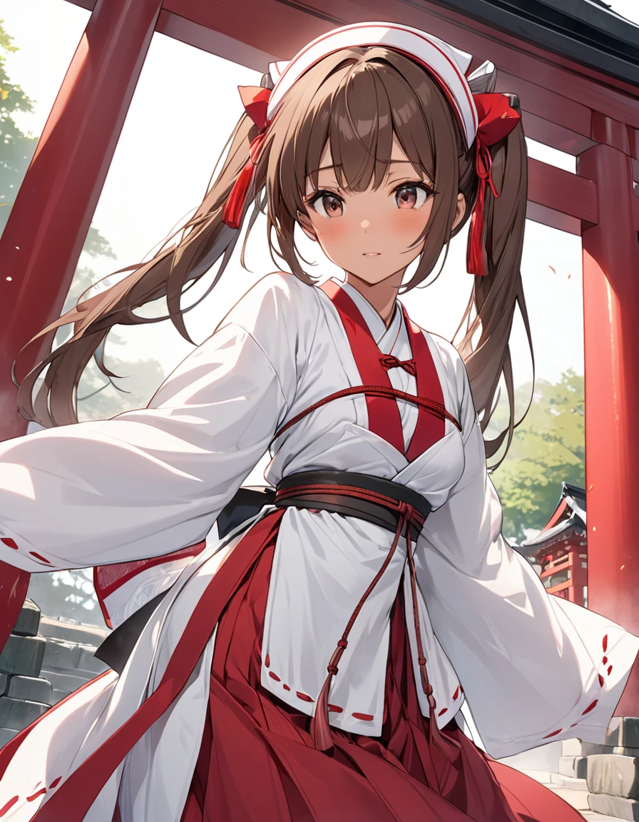 BREAK Perfect Anatomy、(High resolution:1.2)、Incredible illustrations、(Cute illustrations:1.2)、(nfsw)
(cinematic angle,solo focus,) (Beautiful background(Shrine grounds),
1girl(brown hair,twin tails, tanned skin: 1.3) 1girl((a girl,slender 1.7meters, 45kg, (Shrine maiden costume (white coat, scarlet hakama, tabi)(see through,bondage,oversized clothes), lingerie), (netorare,1boy,intercourse with a man)