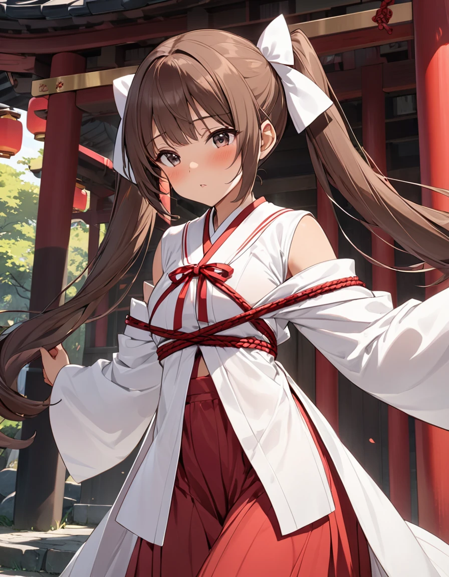 BREAK Perfect Anatomy、(High resolution:1.2)、Incredible illustrations、(Cute illustrations:1.2)、(nfsw)
(cinematic angle,solo focus,) (Beautiful background(Shrine grounds),
1girl(brown hair,twin tails, tanned skin: 1.3) 1girl((a girl,slender 1.7meters, 45kg, (Shrine maiden costume (white coat, scarlet hakama, tabi)(see through,bondage,oversized clothes), lingerie), (netorare,1boy,intercourse with a man)