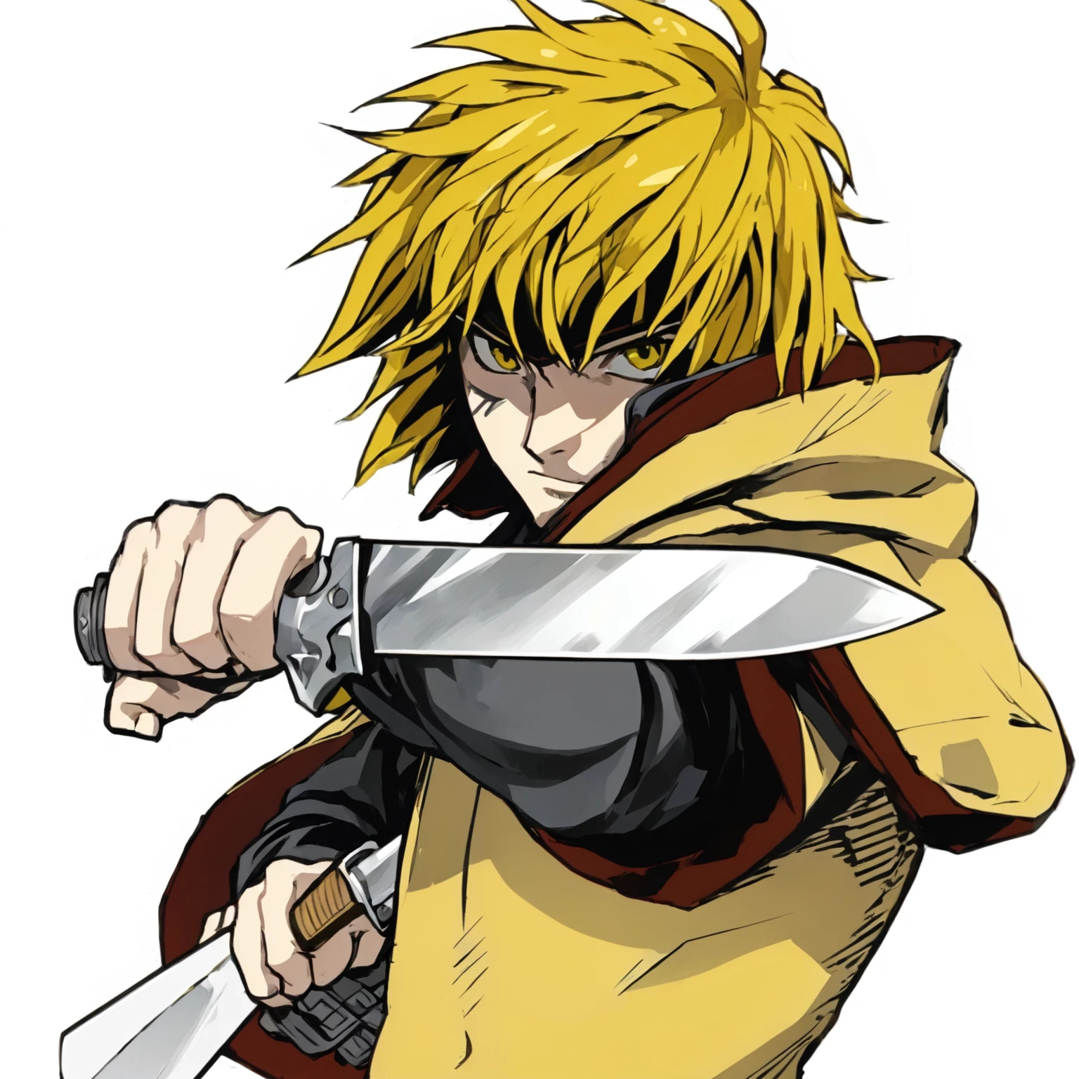 anime character with yellow hair holding a knife in his hand, kentaro miura manga art style, portrait of ninja slayer, key anime art, high quality colored sketch, striking manga artstyle, badass pose, best anime character design, advanced digital anime art ”, ichigo kurosaki, dio brando, genos, shigenori soejima illustration, trigger anime artstyle, thorfinn